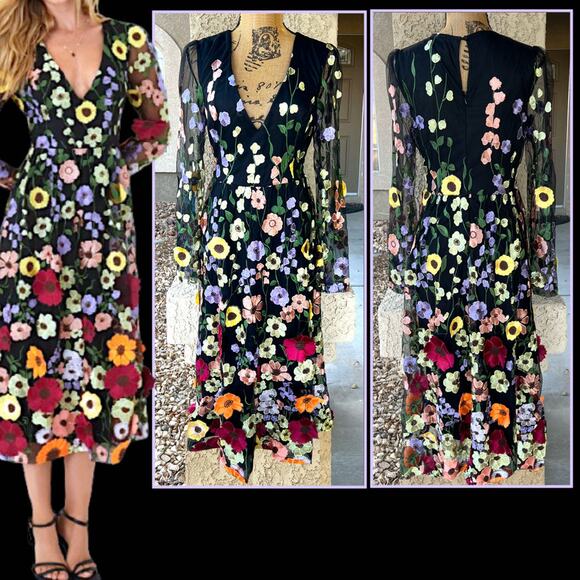 Lulus Black 3D Floral Embroidered Impressive Blossom Midi Dress Size S - Picture 1 of 15